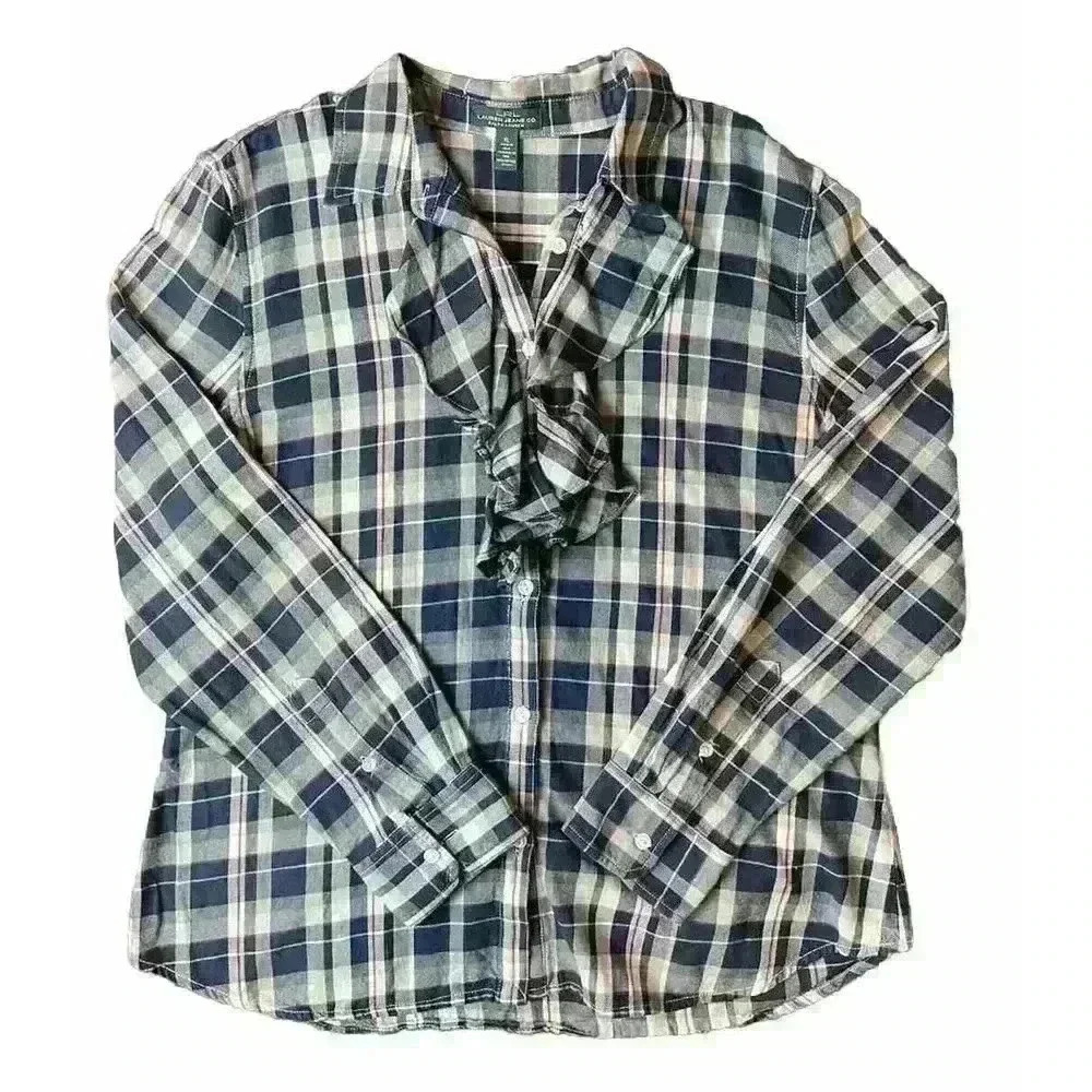 Lauren Jeans Co Ruffle Neck Plaid Button Up Blouse 100% Cotton Sz XL